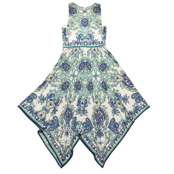 Donna Morgan Blue Green Paisley Print Asymmetrical Midi Dress Size 6 - Picture 3 of 14